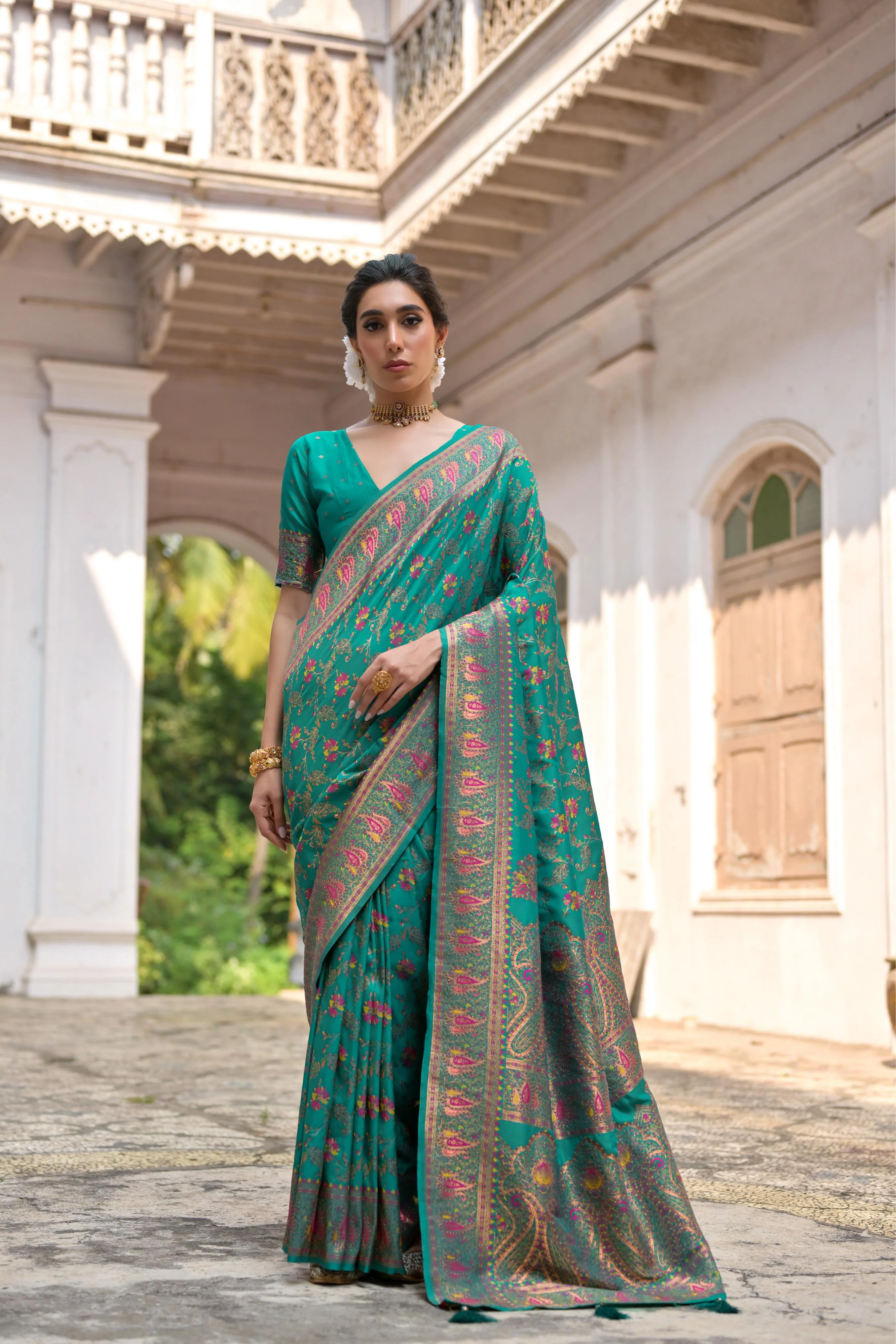 Rama Soft Pashmina Silk Meena Zari Woven Saree